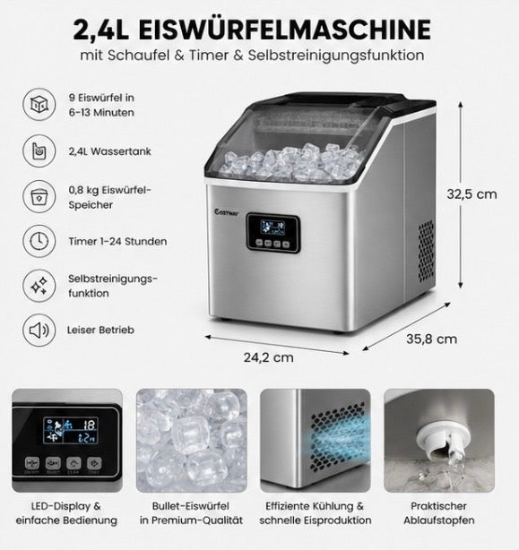 2,4L Eiswürfelmaschine Edelstahl – Ice Maker mit Timer & Selbstreinigung