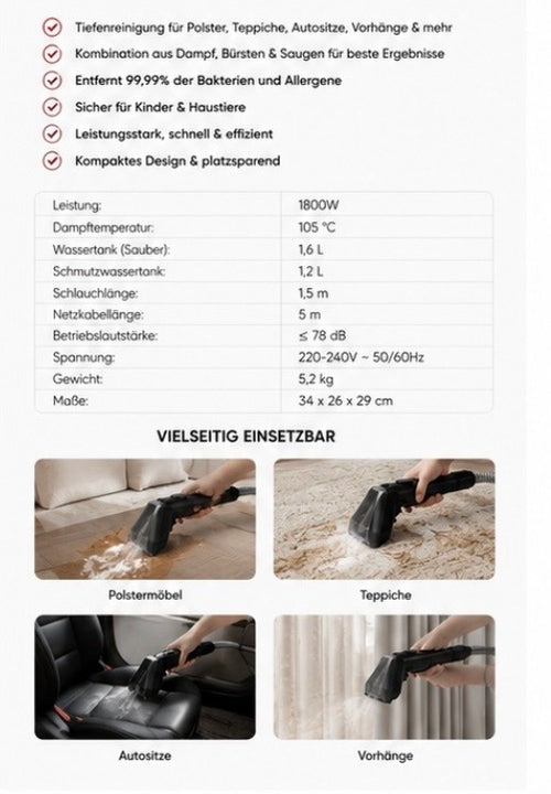 1800W Polsterreiniger mit Dampffunktion & Sterilisation