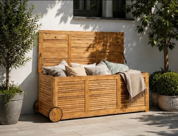 182L Gartenbox aus Holz auf Rollen – Wetterfeste Aufbewahrungsbox mit Innenplane