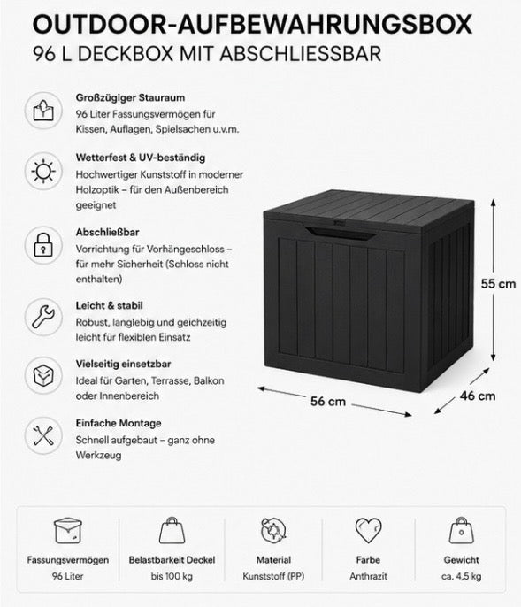 96L Outdoor-Aufbewahrungsbox – Wetterfeste Deckbox mit abschließbarem Deckel