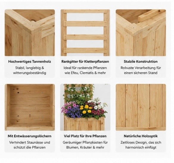 Holz Hochbeet mit Rankgitter für Kletterpflanzen – Pflanzkasten aus Naturholz für Garten & Balkon