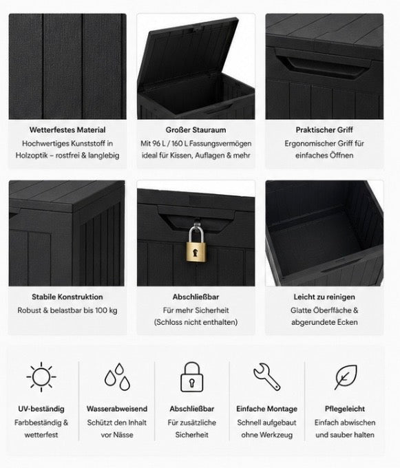 96L Outdoor-Aufbewahrungsbox – Wetterfeste Deckbox mit abschließbarem Deckel