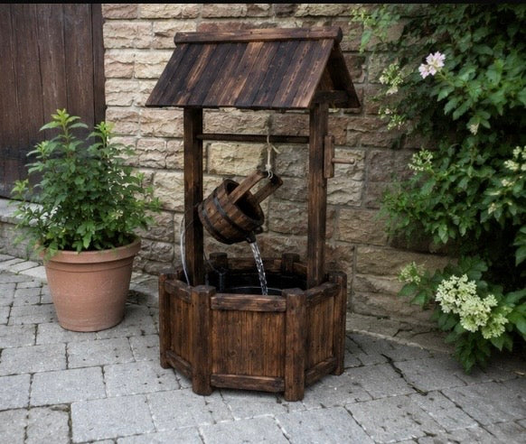 Rustikaler Wunschbrunnen mit Wasserfall – Dekobrunnen aus Holz für Garten & Terrasse 58,5x51x117cm