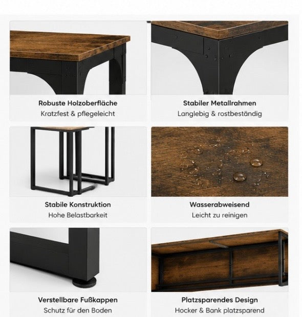 4-teiliges Esszimmer Set im Industrial Design – Küchentisch mit Bank & 2 Hockern