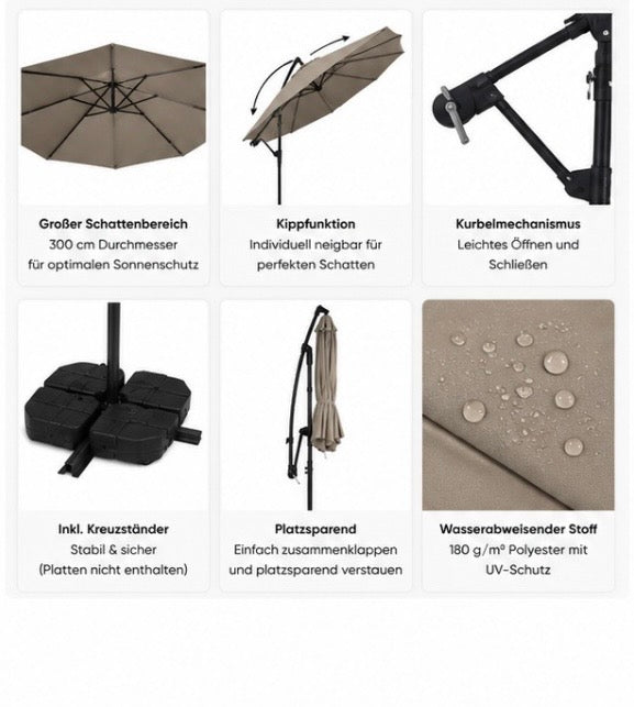 Ampelschirm 300 cm mit Ständer & Kurbel – Wetterfester Sonnenschirm für Garten, Terrasse & Balkon