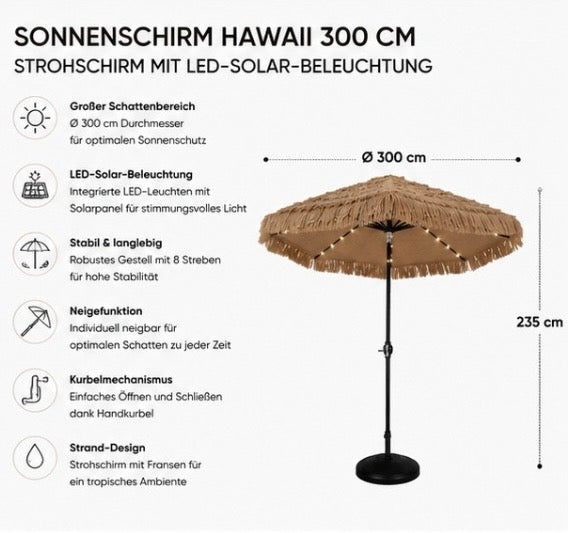 Sonnenschirm Hawaii 300 cm – Strohschirm mit LED-Solarbeleuchtung