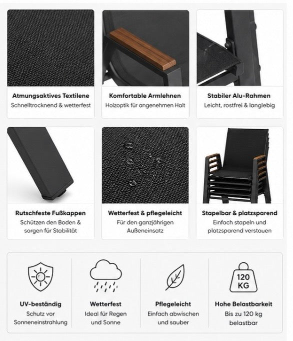 4er Set Gartenstühle Stapelbar – Wetterfeste Hochlehner aus Aluminium & Textilene