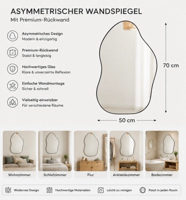 Asymmetrischer Wandspiegel – Moderner Design Spiegel mit Metallrahmen für Wohnzimmer, Flur & Schlafzimmer