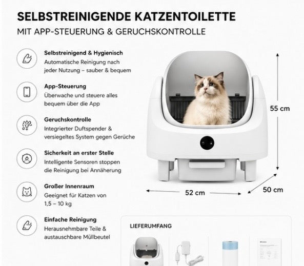 Selbstreinigende Katzentoilette mit App-Steuerung & Geruchskontrolle