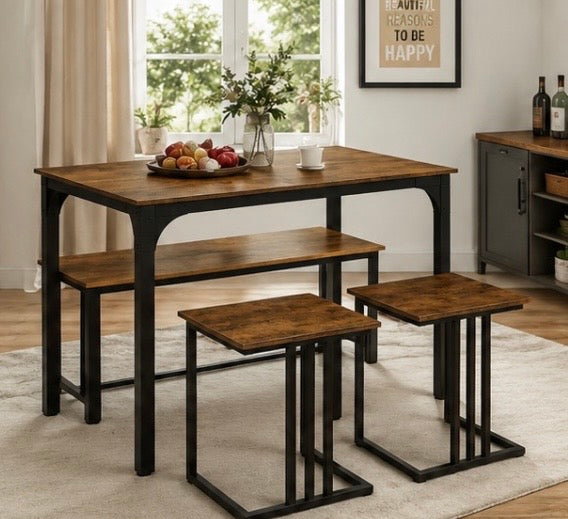 4-teiliges Esszimmer Set im Industrial Design – Küchentisch mit Bank & 2 Hockern