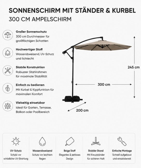 Ampelschirm 300 cm mit Ständer & Kurbel – Wetterfester Sonnenschirm für Garten, Terrasse & Balkon