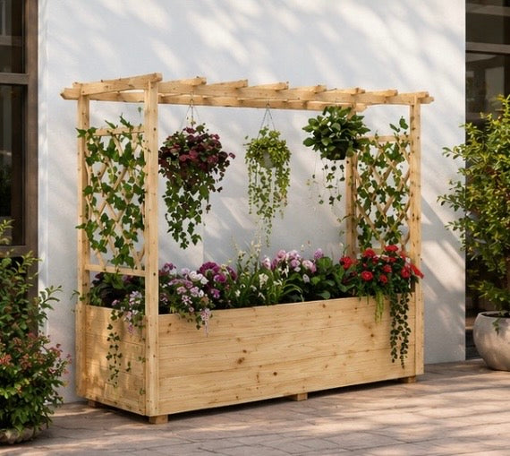 Hochbeet mit Rankgitter & Pergola – Holz Pflanzkasten mit Hängedach für Garten, Balkon & Terrasse