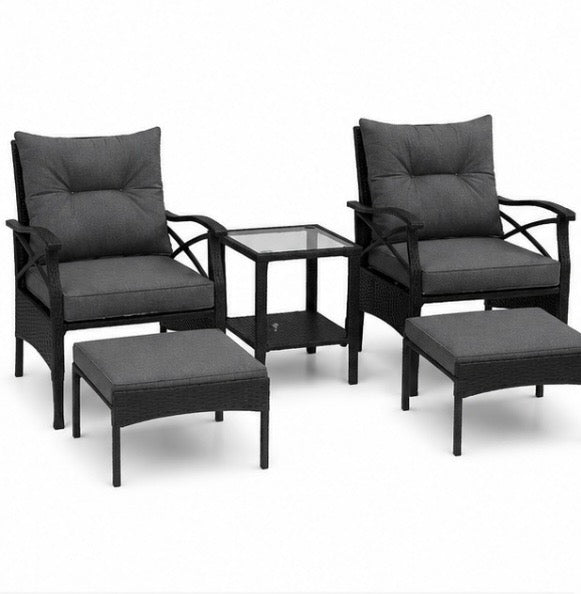 5-teiliges Gartenmöbel Set aus Polyrattan – Lounge Set mit Tisch, Sesseln & Hockern für Terrasse und Balkon