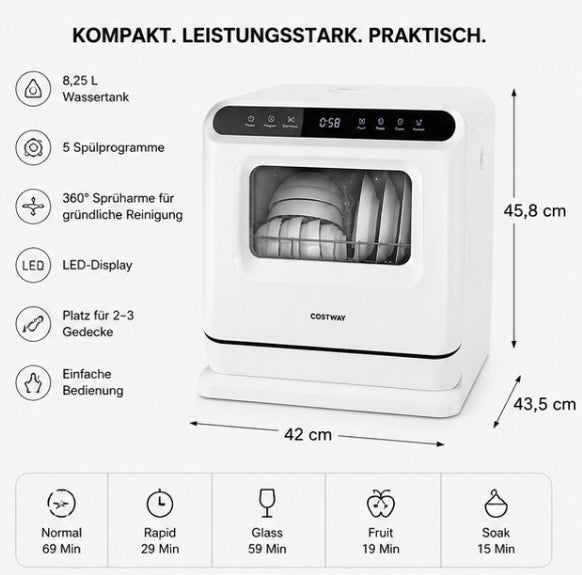 Kompakter Tischgeschirrspüler 8,25L – Mini Geschirrspüler mit LED-Display & 5 Programmen