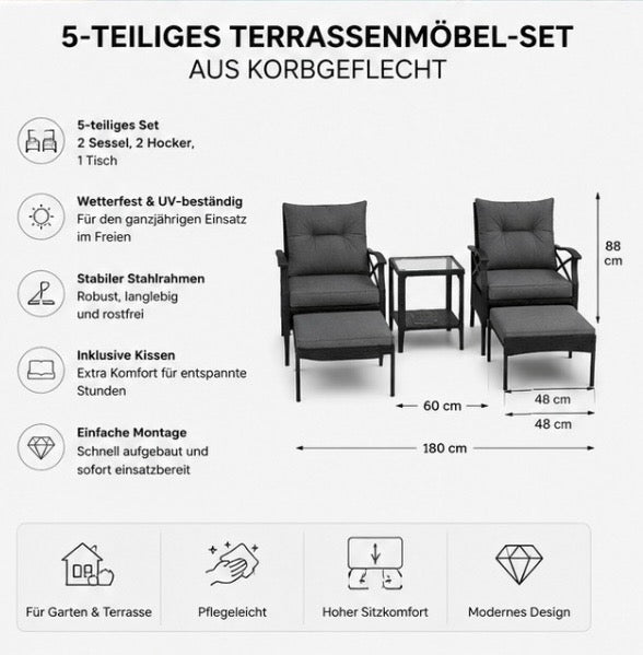 5-teiliges Gartenmöbel Set aus Polyrattan – Lounge Set mit Tisch, Sesseln & Hockern für Terrasse und Balkon