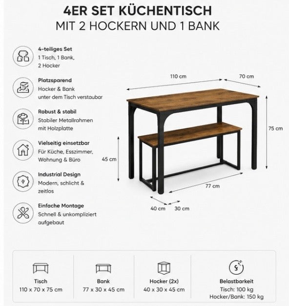 4-teiliges Esszimmer Set im Industrial Design – Küchentisch mit Bank & 2 Hockern