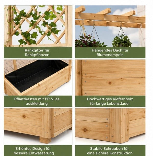 Hochbeet mit Rankgitter & Pergola – Holz Pflanzkasten mit Hängedach für Garten, Balkon & Terrasse