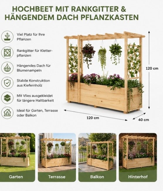 Hochbeet mit Rankgitter & Pergola – Holz Pflanzkasten mit Hängedach für Garten, Balkon & Terrasse