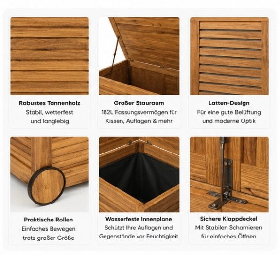 182L Gartenbox aus Holz auf Rollen – Wetterfeste Aufbewahrungsbox mit Innenplane
