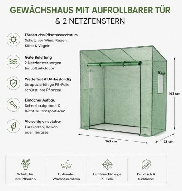 Gewächshaus mit Aufrollbarer Tür & Netzfenstern – Wetterfestes Foliengewächshaus für Garten und Balkon