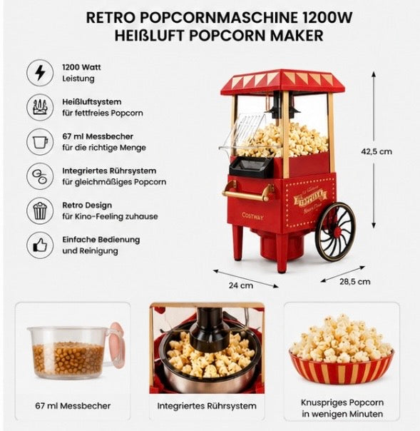 Retro Popcornmaschine 1200W – Heißluft Popcorn Maker im Kino-Design
