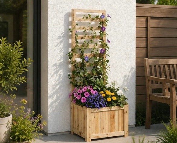 Holz Hochbeet mit Rankgitter für Kletterpflanzen – Pflanzkasten aus Naturholz für Garten & Balkon