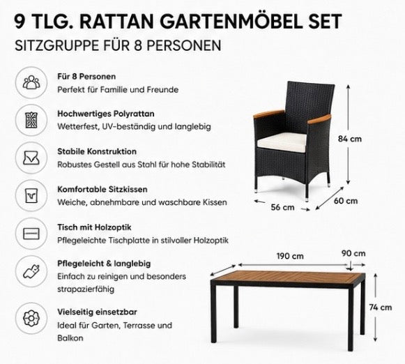9-teiliges Rattan Gartenmöbel Set für 8 Personen – Wetterfeste Sitzgruppe mit Tisch & Komfortstühlen