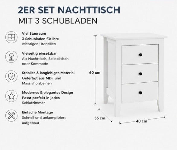 2er Set Nachttische Weiß mit 3 Schubladen – Moderne Nachtkommode für Schlafzimmer & Wohnzimmer