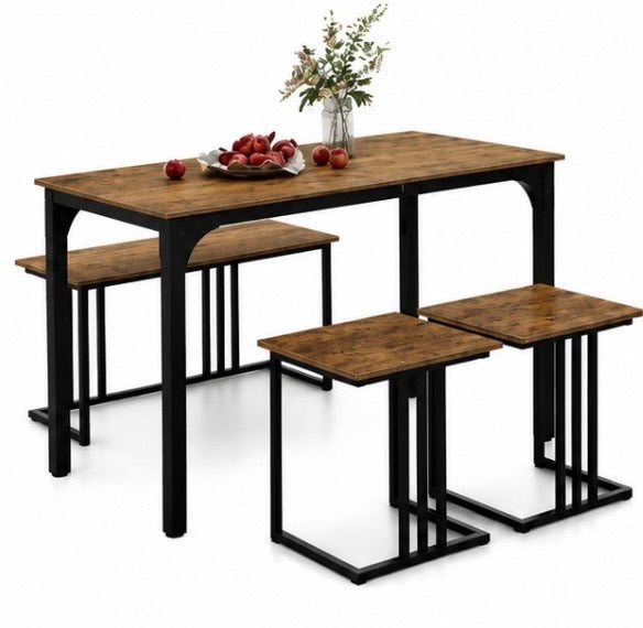4-teiliges Esszimmer Set im Industrial Design – Küchentisch mit Bank & 2 Hockern