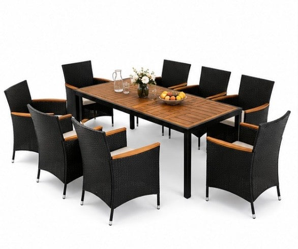 9-teiliges Rattan Gartenmöbel Set für 8 Personen – Wetterfeste Sitzgruppe mit Tisch & Komfortstühlen