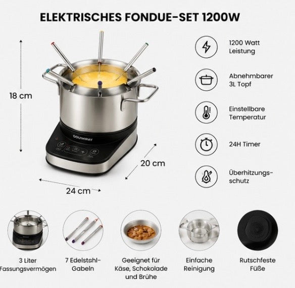 FondueMaster Pro – Elektrisches Fondue Set 1200W mit Edelstahl-Topf