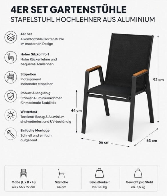 4er Set Gartenstühle Stapelbar – Wetterfeste Hochlehner aus Aluminium & Textilene