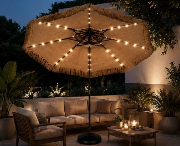 Sonnenschirm Hawaii 300 cm – Strohschirm mit LED-Solarbeleuchtung
