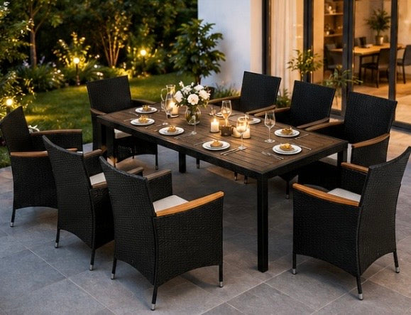 9-teiliges Rattan Gartenmöbel Set für 8 Personen – Wetterfeste Sitzgruppe mit Tisch & Komfortstühlen
