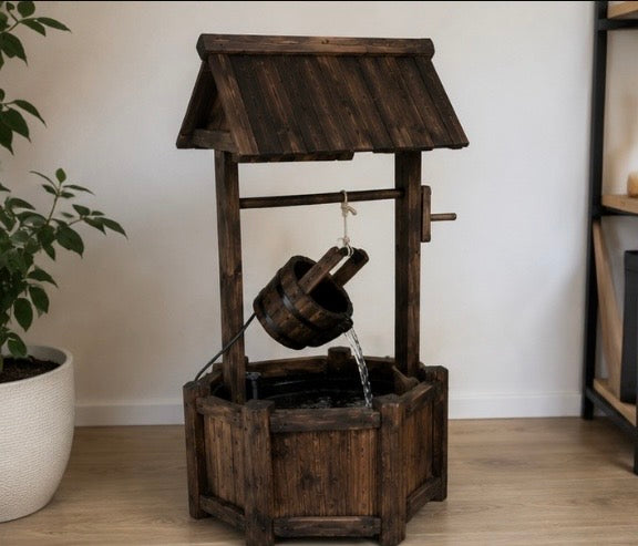 Rustikaler Wunschbrunnen mit Wasserfall – Dekobrunnen aus Holz für Garten & Terrasse 58,5x51x117cm