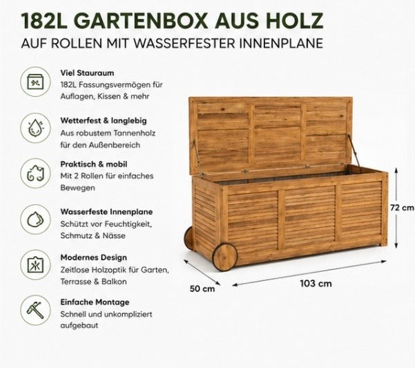 182L Gartenbox aus Holz auf Rollen – Wetterfeste Aufbewahrungsbox mit Innenplane