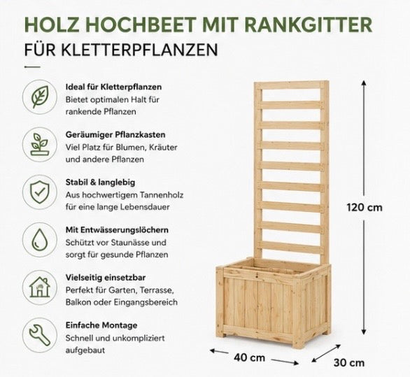 Holz Hochbeet mit Rankgitter für Kletterpflanzen – Pflanzkasten aus Naturholz für Garten & Balkon