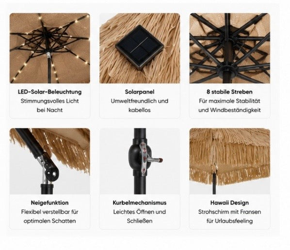 Sonnenschirm Hawaii 300 cm – Strohschirm mit LED-Solarbeleuchtung