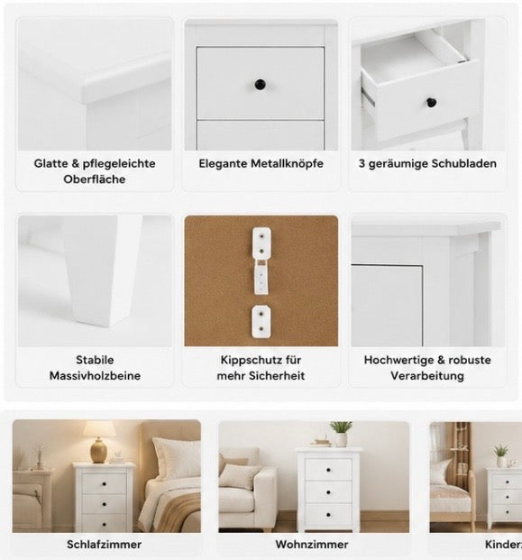2er Set Nachttische Weiß mit 3 Schubladen – Moderne Nachtkommode für Schlafzimmer & Wohnzimmer
